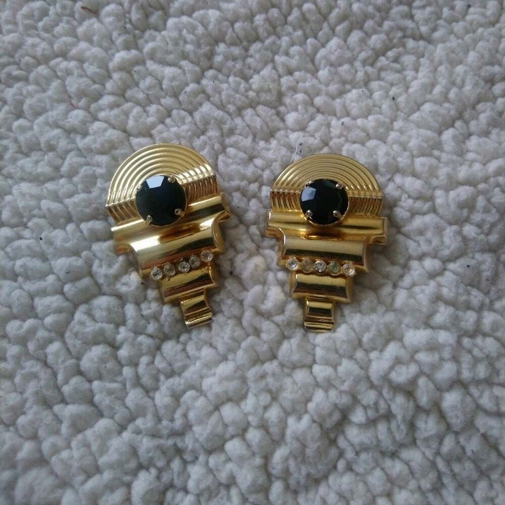 Vintage 1980s Artβ Deco Revival Clip On Earrings Gold Tone Black Rhinestone - Picture 8 of 8